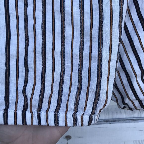 Petersyn Cellini Linen Blouse in Desert  Stripe size Xs Puff Sleeve Wrap Top - Picture 10 of 11